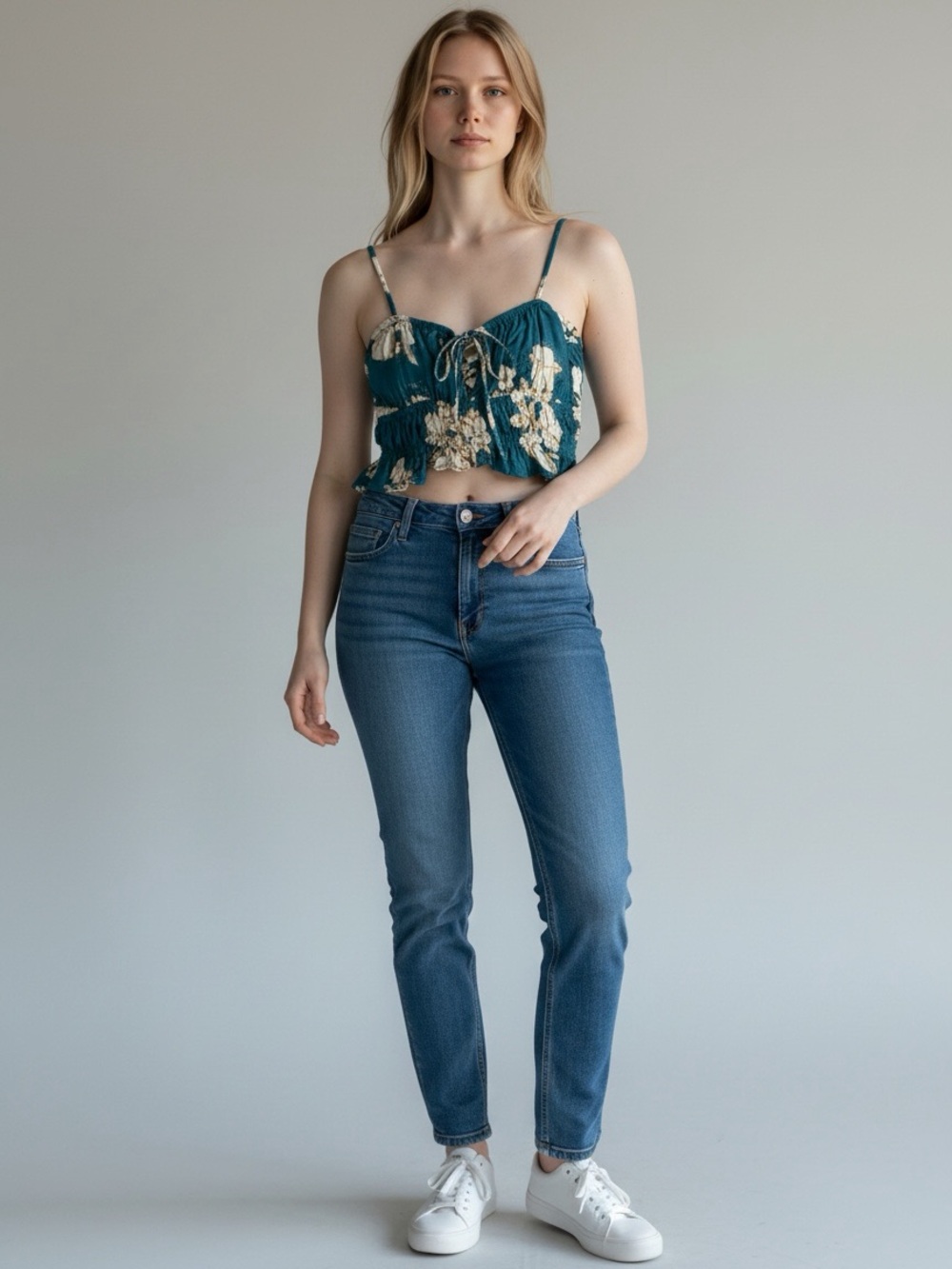 Roxy Teal Floral Smocked Crop Top